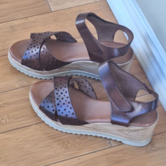 Brown Leather Wedge Heel Sandal Platform Wood Look EU 40 Milianias Comfort Shoes - Picture 10 of 16